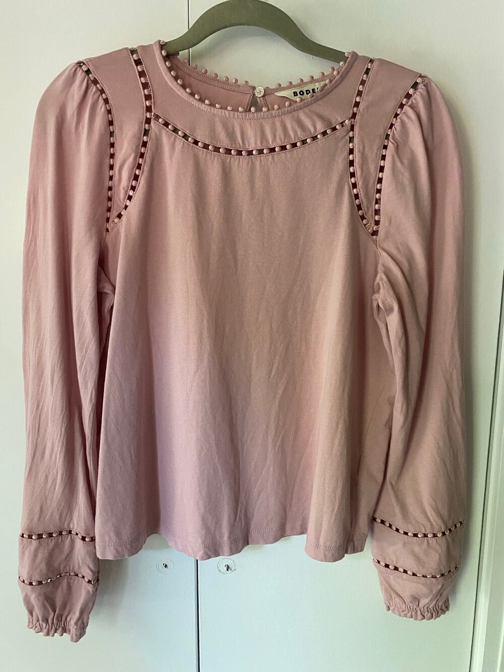 Boden Mila Blush Pink Pearl-Trim Long Sleeve Top 100% Cotton Size 8